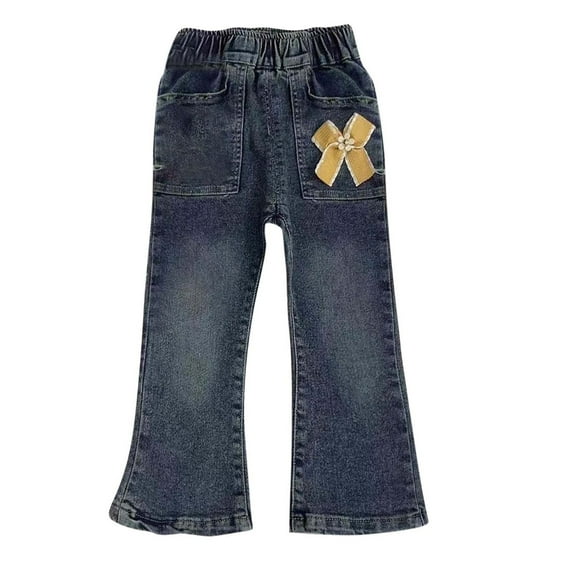 Qingpeng Toddler Girls Casual Flare Denim Pants Kids Elastic High Waist Bell Bottoms Jeans with Pocket