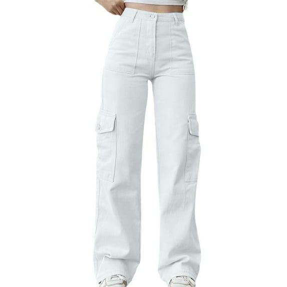 Qingpeng Women Cargo Jeans Elastic High Waist Pants Wide Leg Baggy Denim Pant with Pockets