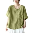 thumbnail image 1 of Qingpeng Women Cotton Linen Tops Causal Summer Short Sleeve Oversized T Shirts V Neck Loose Blouses with Pocket, 1 of 4