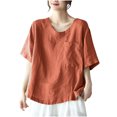 thumbnail image 1 of Qingpeng Women Cotton Linen Tops Causal Summer Short Sleeve Oversized T Shirts V Neck Loose Blouses with Pocket, 1 of 4