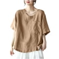 thumbnail image 1 of Qingpeng Women Cotton Linen Tops Causal Summer Short Sleeve Oversized T Shirts V Neck Loose Blouses with Pocket, 1 of 4