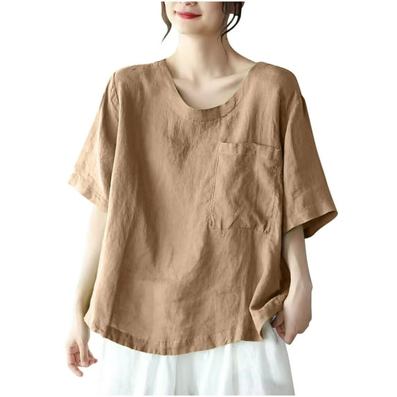 Qingpeng Women Cotton Linen Tops Causal Summer Short Sleeve Oversized T Shirts V Neck Loose Blouses with Pocket