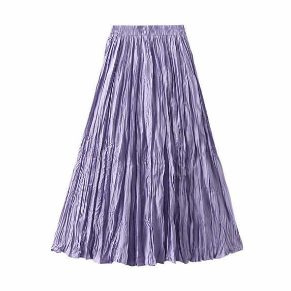Qingpeng Women Elastic High Waist Pleated Skirt Midi Swing A-line Skirts