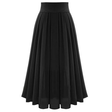 Qingpeng Women Full Length Elastic Waist Pleated Retro Solid Maxi Long Skirt