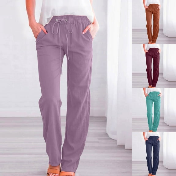 Qingpeng Women's Casual Cotton Linen Pants Summer Relax Fit Drawstring Elastic Waist Straight Leg Comfy Solid Color Lounge Long Trouser