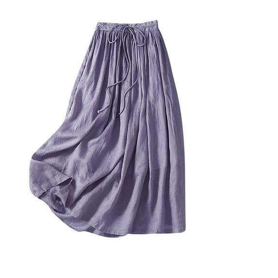 Qingpeng Women's Casual Cotton Linen Skirts Drawstring Elastic Waist Long Maxi Skirt