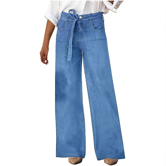 Qingpeng Women's Casual Loose Fit Palazzo Pants Hight Waisted Wide Leg Denim Jeans