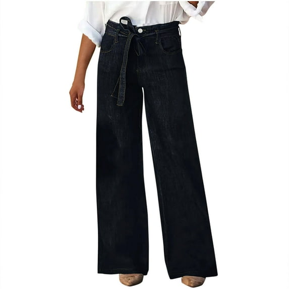 Qingpeng Women's Casual Loose Fit Palazzo Pants Hight Waisted Wide Leg Denim Jeans