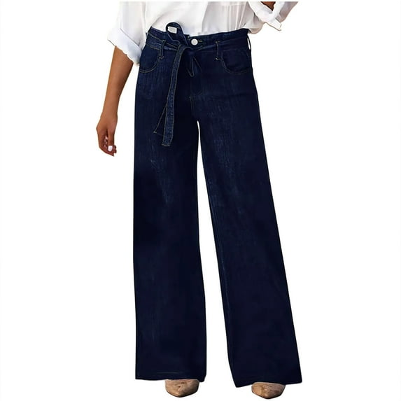 Qingpeng Women's Casual Loose Fit Palazzo Pants Hight Waisted Wide Leg Denim Jeans
