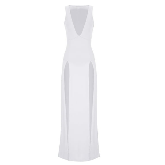 Qingpeng Women's Double Slit Maxi Tank Dress Sleeveless Deep V-Neck Low Cut High Split Cover Up Long Bodycon Wrap Dress