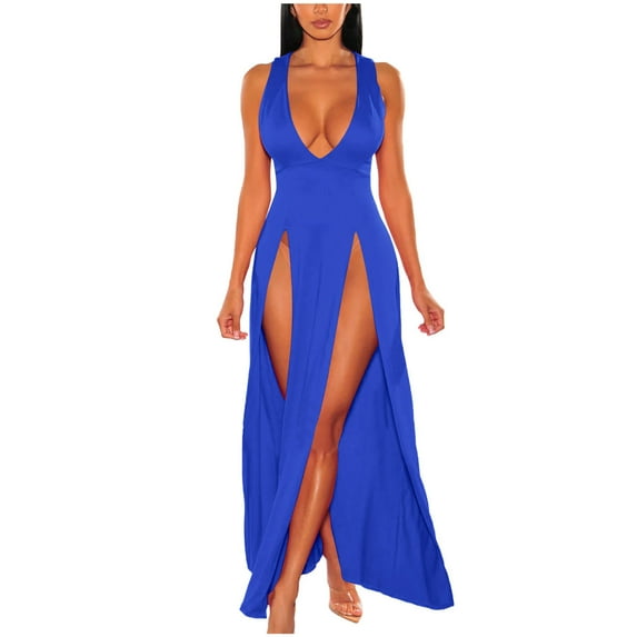 Qingpeng Women's Double Slit Maxi Tank Dress Sleeveless Deep V-Neck Low Cut High Split Cover Up Long Bodycon Wrap Dress