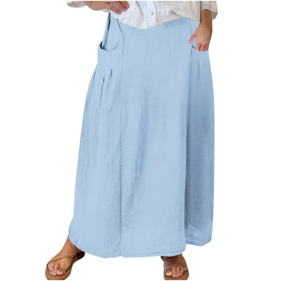 Qingpeng Women's Elastic Waist A Line Swing Flared Maxi Skirt with Pockets