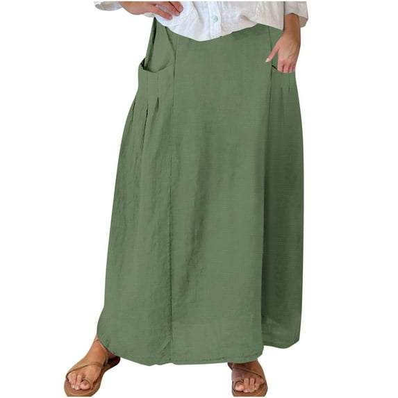 Qingpeng Women's Elastic Waist A Line Swing Flared Maxi Skirt with Pockets
