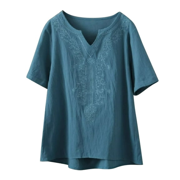Qingpeng Women's Embroidered Blouse Short Sleeve Tops Casual V Neck Loose Fit Cotton Linen T-Shirt