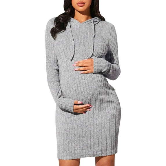 Qingpeng Clearance Women's Maternity Knit Drawstring Hoodie Dress Crewneck Long Sleeve Solid Midi Dress