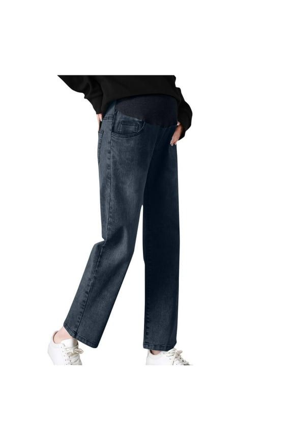Women's Stretch Maternity Jeans Over The Belly Bell Bottoms Flare Denim Pants Pregnancy Clothes with Pockets