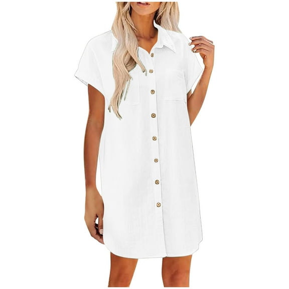 Qingpeng Women's Summer Casual Shirt Dresses Button Down Short Sleeves Lapel Soft Comfy Dress