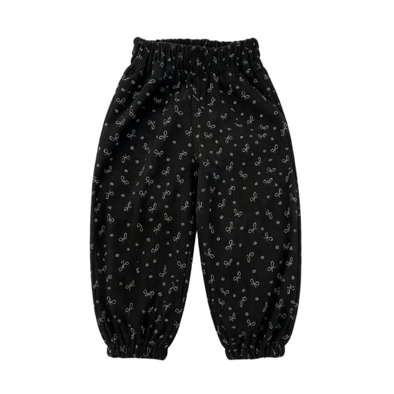 Qingpeng Girls Casual Pants Full Length Bow Print Elastic Waist Wide Leg Cuffed Autumn Winter Comfort Pants for Kids