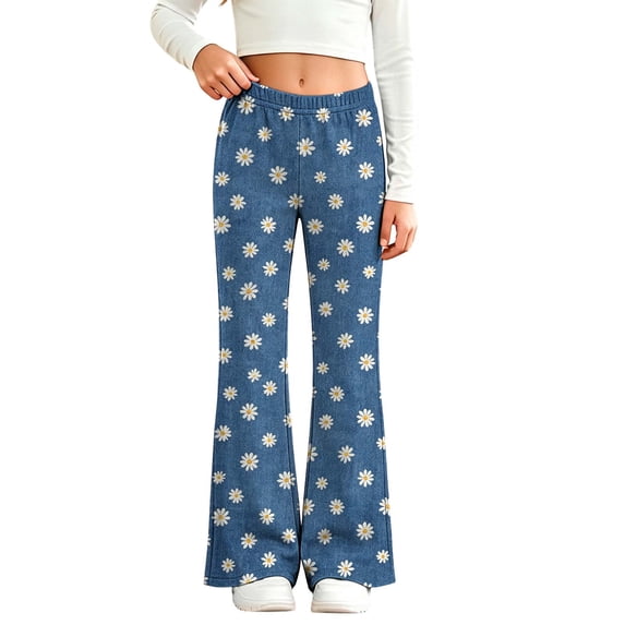 Qingpeng Girls Flare Pants Elastic Waist Casual Fashion Floral Lace Print Stretchy Denim Look Long Pants for Kids