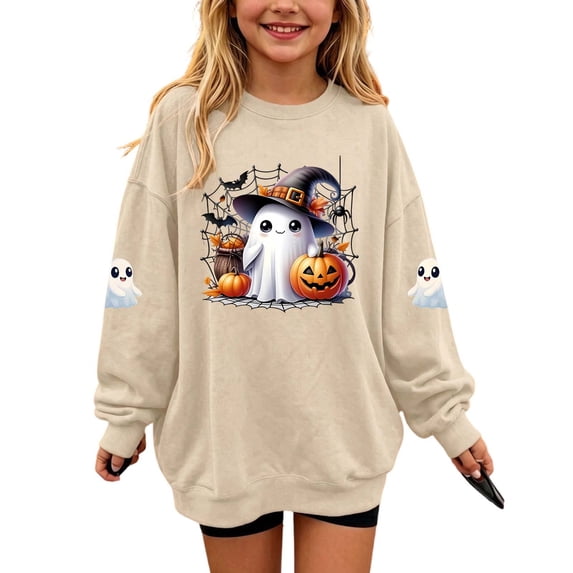 Qingpeng Girls Halloween Graphic Sweatshirt Ghost Pumpkin Print Long Sleeve Crewneck Pullover Top