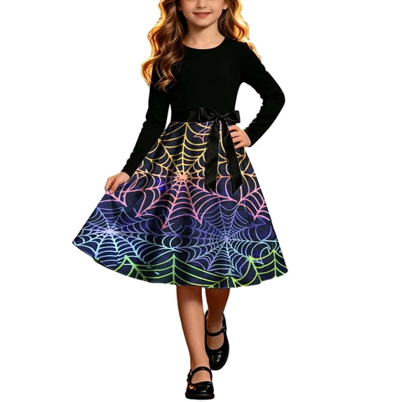 Qingpeng Girls Kids Dress Long Sleeve Halloween Themed A Line with Waist Tie for Girls Festive Occasion