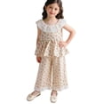 thumbnail image 1 of Qingpeng Girls Summer Sleeveless Ruffled Collar Top and Wide Leg Pants Set Lace Trim Casual Princess Style Matching Outfit Set for Kids, 1 of 6