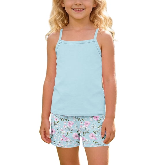 Qingpeng Girls Summer Sleeveless Tank Top and Shorts Floral Print Matching Outfit Set for Kids
