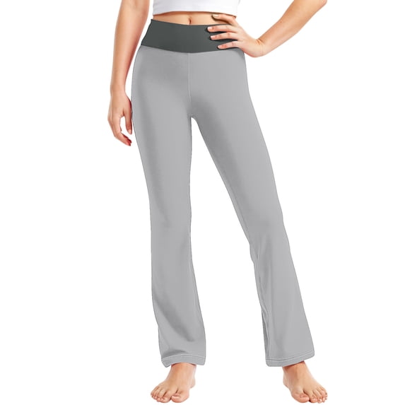 Qingpeng Girls Two Tone High Waist Stretchy Straight Leg Active Home Wear Yoga Pants for Kid
