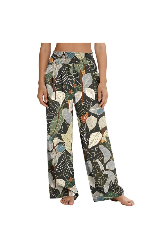 Womens Elastic High Waisted Palazzo Pants Leaf Printed Casual Beach Wide Leg Trousers with Pockets