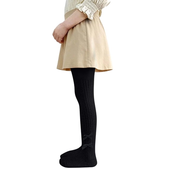 Qingpeng Kids Girls Knitted Ribbed Bow Tights Full Length Dance Pantsyhose Base Pants For Kids