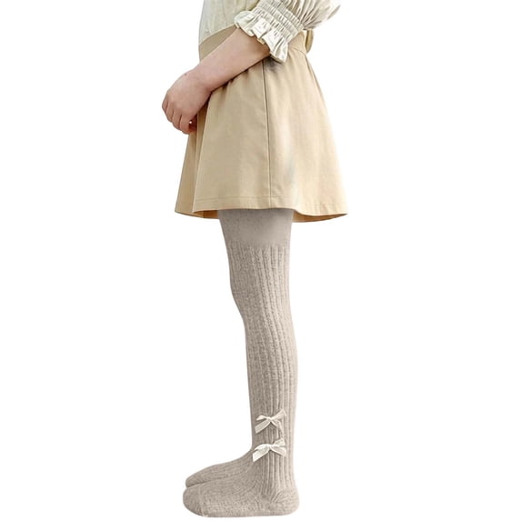 Qingpeng Kids Girls Knitted Ribbed Bow Tights Full Length Dance Pantsyhose Base Pants For Kids