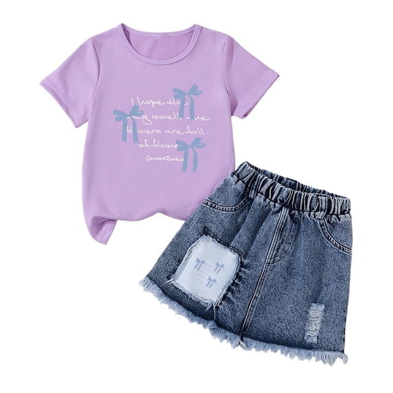 Qingpeng Kids Girls Summer Bow Print Short Sleeve Round Neck Tee and Denim Skirt Matching Outfit Set for Kids