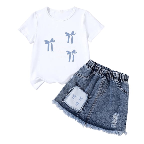 Qingpeng Kids Girls Summer Bow Print Short Sleeve Round Neck Tee and Denim Skirt Matching Outfit Set for Kids