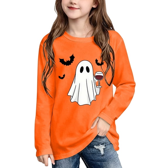Qingpeng Kids Halloween Theme Pullover Tee Shirt Cute Ghost with Bat Graphic Long Sleeve Crewneck Top