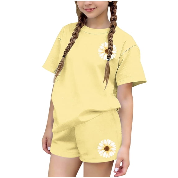 Qingpeng Kids Summer Casual Crewneck Short Sleeve Graphic Print Top Elastic Waist Shorts Matching Outfit Set for Kids