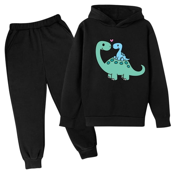 Qingpeng Kids Unisex Casual Outfit Set Long Sleeve Hooded Sweatshirt with Dinosaur Graphic and Elastic Waist Jogger Pants