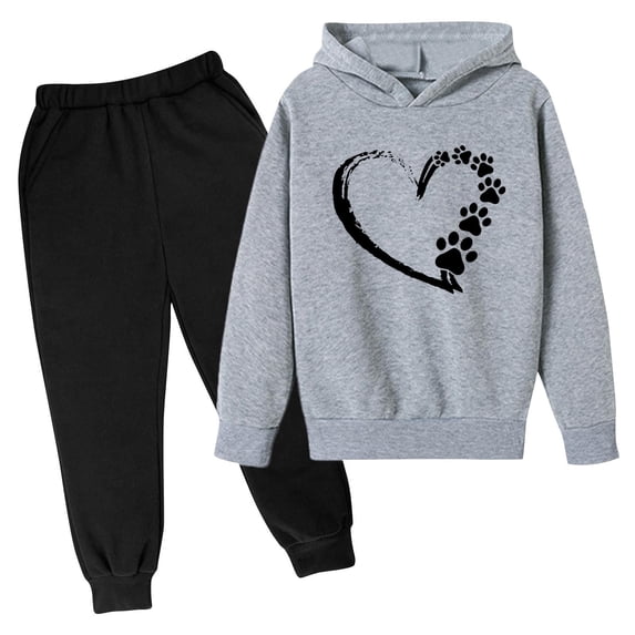 Qingpeng Kids Unisex Casual Outfit Set Long Sleeve Hooded Sweatshirt with Heart Graphic and Elastic Waist Jogger Pants