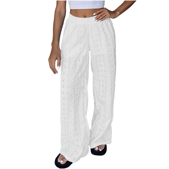 Qingpeng Lace Eyelet Pants for Women Elastic Waist Lightweight Wide Leg Pants Lounge Breathable Comfy Fashion Trousers