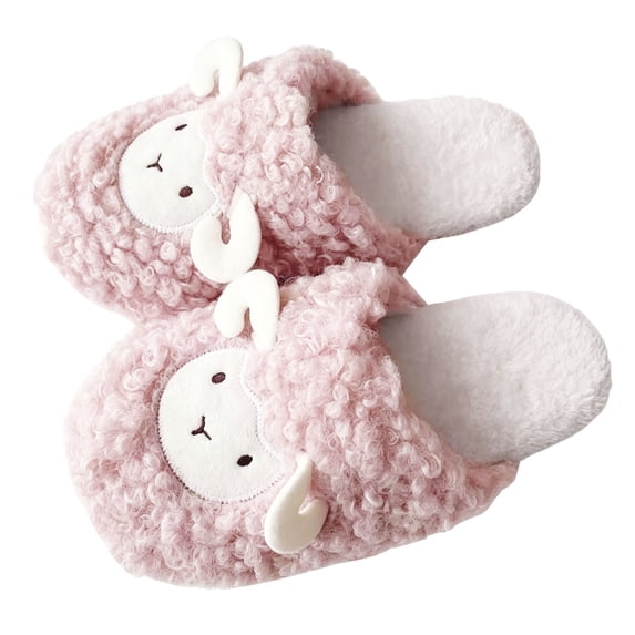 Qingpeng Ladies Closed Toe Open Back Plush Slippers Soft Cozy House Shoes Comfortable Indoor Footwear with Playful Sheep Design for Home