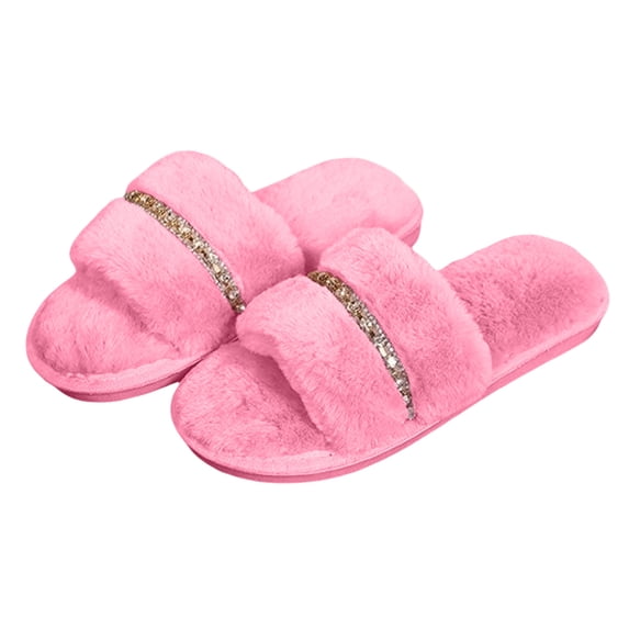 Qingpeng Ladies Open Toe Plush Slide Slippers Soft Cozy House Shoes Comfortable Indoor Footwear with Rhinestone Strap Detail for Home