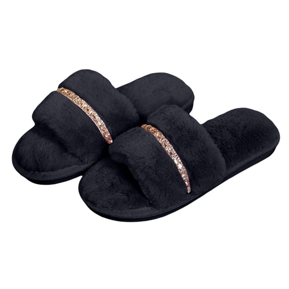 Qingpeng Ladies Open Toe Plush Slide Slippers Soft Cozy House Shoes Comfortable Indoor Footwear with Rhinestone Strap Detail for Home