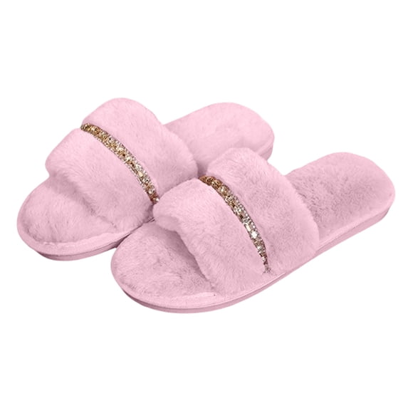 Qingpeng Ladies Open Toe Plush Slide Slippers Soft Cozy House Shoes Comfortable Indoor Footwear with Rhinestone Strap Detail for Home