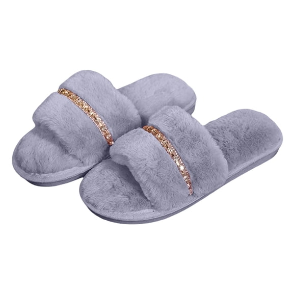 Qingpeng Ladies Open Toe Plush Slide Slippers Soft Cozy House Shoes Comfortable Indoor Footwear with Rhinestone Strap Detail for Home