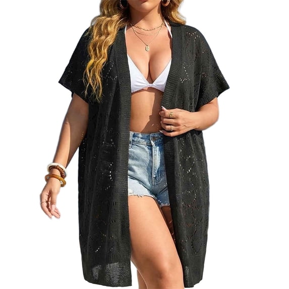 Qingpeng Lightweight Summer Crochet Cardigan for Women Short Sleeve Boho Oversized Open Front Beach Cardigan