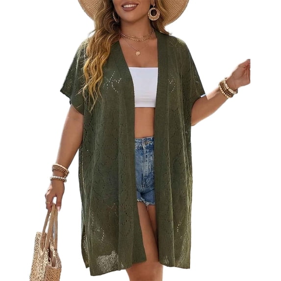 Qingpeng Lightweight Summer Crochet Cardigan for Women Short Sleeve Boho Oversized Open Front Beach Cardigan