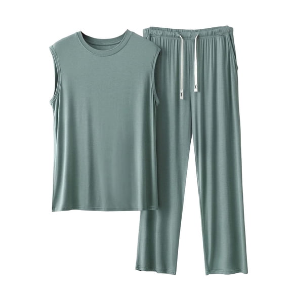 Qingpeng Men's Pajama Set Soft Comfy Sleeveless Crewneck Tank Top and Pajama Pants Mens Loungewear Two Piece Sleepwear Set Size L-5XL