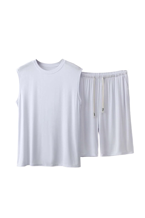Men's Pajama Set Soft Comfy Sleeveless Tank Top and Shorts Mens Loungewear Two Piece Sleepwear Set Size L-5XL