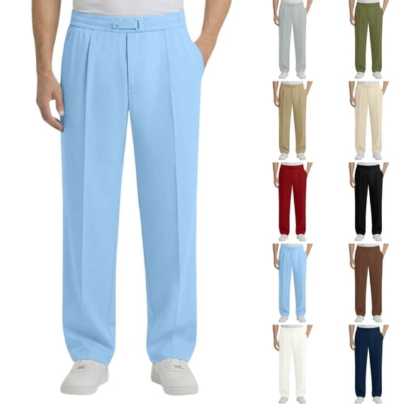 Qingpeng Mens Business Casual Pleated Trousers Loose Straight Elastic Waisted High Vertical Drape Pants with Pockets for Daily Wear