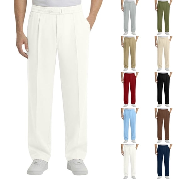 Qingpeng Mens Business Casual Pleated Trousers Loose Straight Elastic Waisted High Vertical Drape Pants with Pockets for Daily Wear