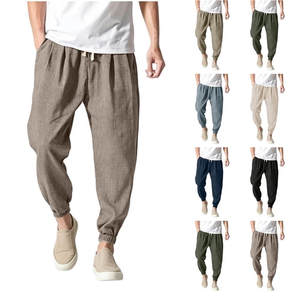 Qingpeng Mens Cotton Cropped Jogger Pants Tapered Leg Relaxed Fit Ankle Cuff Breathable Casual Home Daily Pants for Men